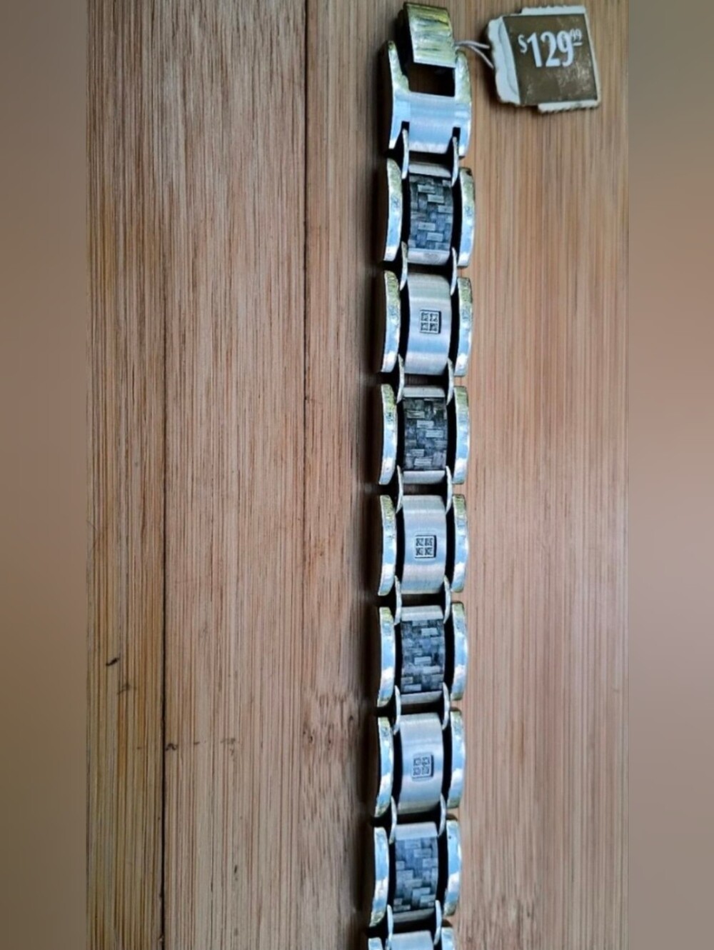 Stainless Steel Link Bracelet with Carbon Fiber DIAMONDS Inset - Silver